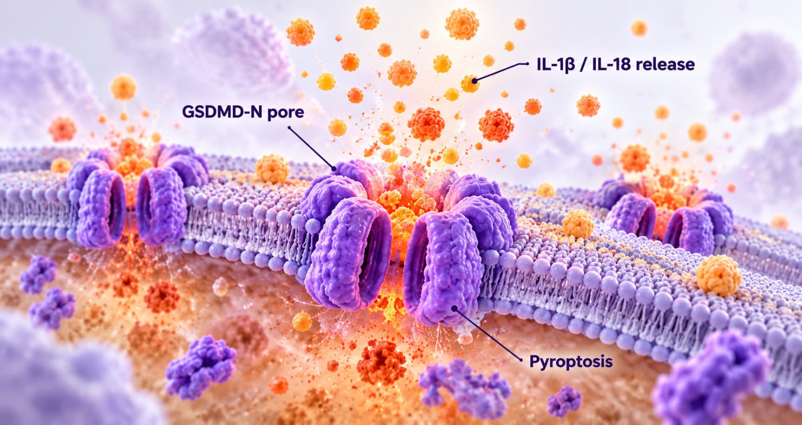 Cleaved GSDMD antibody category illustration showing GSDMD-N pore formation, pyroptosis and IL-1 beta or IL-18 release